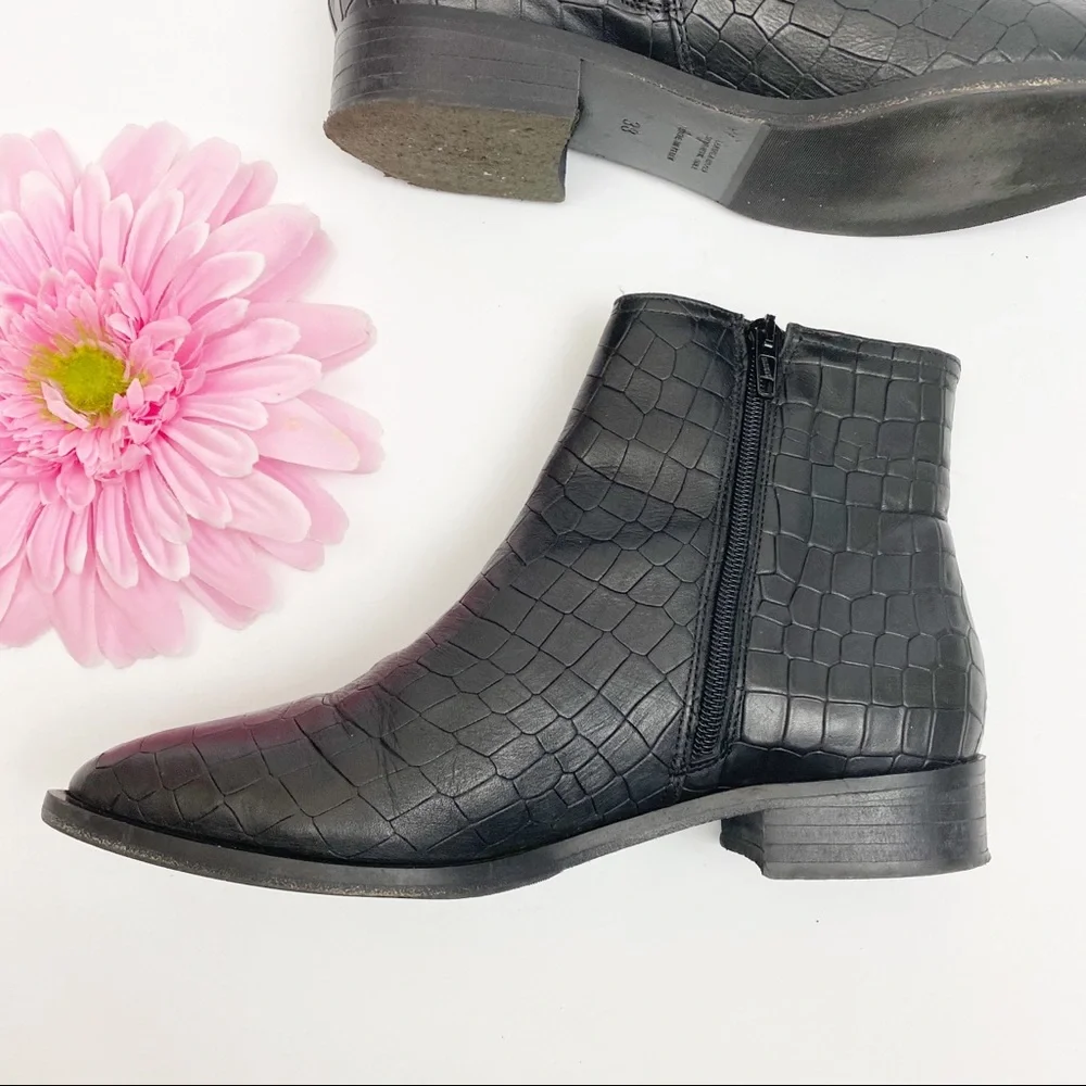 Napoleoni Italy Croc Embossed Leather Moto Zip Ankle Boots: Black